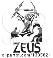 Black And White Woodcut Greek God Zeus Holding Lightning Bolts Over Text And Clouds