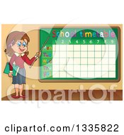 Cartoon Brunette White Female Teacher Holding A Pointer Stick To A Time Table