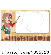 Poster, Art Print Of Cartoon Brunette White Female Teacher Holding A Pointer Stick To A White Board