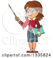 Cartoon Brunette White Female Teacher Holding A Pointer Stick