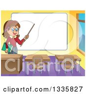 Cartoon Brunette White Female Teacher Holding A Pointer Stick To A White Board In A Class Room