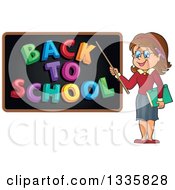 Poster, Art Print Of Cartoon Brunette White Female Teacher Holding A Pointer Stick To A Back To School Black Board