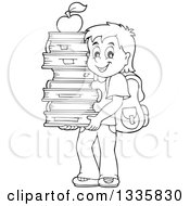 Poster, Art Print Of Cartoon Black And White Happy School Boy Carrying An Apple On Top Of A Stack Of Books