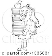 Poster, Art Print Of Cartoon Black And White Happy School Girl Carrying An Apple On Top Of A Stack Of Books