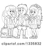 Poster, Art Print Of Cartoon Black And White Happy School Children Wearing Uniforms And Holding Hands