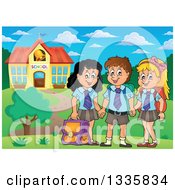 Poster, Art Print Of Cartoon Happy School Children Wearing Uniforms And Holding Hands In Front Of A Building
