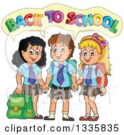 Poster, Art Print Of Cartoon Happy Children Wearing Student Uniforms And Holding Hands Saying Back To School