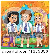 Poster, Art Print Of Cartoon Happy School Children Wearing Uniforms And Holding Hands By Autumn Trees