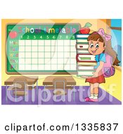 Cartoon Happy Brunette Caucasian School Girl Carrying An Apple And A Stack Of Books In A Class Room With A Time Table