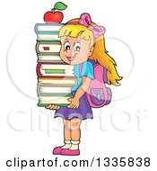 Poster, Art Print Of Cartoon Happy Blond Caucasian School Girl Carrying An Apple And A Stack Of Books