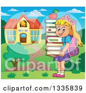Cartoon Happy Blond Caucasian Girl Carrying An Apple And A Stack Of Books By A School Building