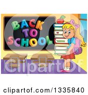 Poster, Art Print Of Cartoon Happy Blond Caucasian Student Girl Carrying An Apple And A Stack Of Books By A Black Board With A Back To School Greeting