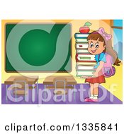 Poster, Art Print Of Cartoon Happy Brunette Caucasian School Girl Carrying An Apple And A Stack Of Books In A Class Room With A Blank Chalk Board
