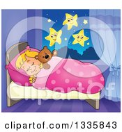 Poster, Art Print Of Cartoon Happy Blond Caucasian Girl Sleeping And Dreaming In Bed With A Teddy Bear With Stars In View From The Window