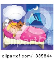 Poster, Art Print Of Cartoon Happy Blond Caucasian Girl Sleeping And Dreaming In Bed With A Teddy Bear With A Cloud