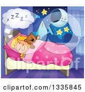 Poster, Art Print Of Cartoon Happy Blond Caucasian Girl Sleeping And Dreaming In Bed With A Teddy Bear With A Crescent Moon And Stars