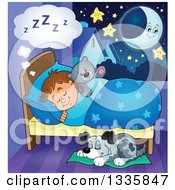 Poster, Art Print Of Cartoon Dog Sleeping By A Brunette Caucasian Boy In Bed With A Teddy Bear With A Crescent Moon And Stars