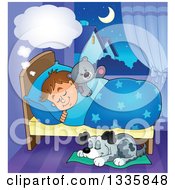 Poster, Art Print Of Cartoon Dog Sleeping By A Dreaming Brunette Caucasian Boy In Bed With A Teddy Bear