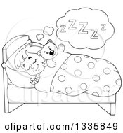 Poster, Art Print Of Cartoon Black And White Happy Girl Sleeping And Dreaming In Bed With A Teddy Bear