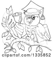 Poster, Art Print Of Black And White Cartoon Professor Owl Holding A Book And Ringing A Bell On A Branch