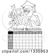 Grayscale Cartoon Professor Owl Holding A Book And Ringing A Bell On A Branch Over A Time Table