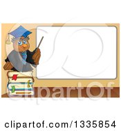Cartoon Professor Owl On A Stack Of Books Holding A Pointer Stick To A Blank White Board