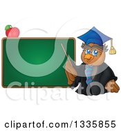 Poster, Art Print Of Cartoon Professor Owl Holding A Pointer Stick To A Blank Green Chalk Board With An Apple