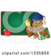 Clipart Of A Cartoon Professor Owl Ringing A Bell And Holding A Book By An Apple And Blank Chalk Board Royalty Free Vector Illustration