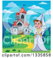 Cartoon Happy Medieval Princess Strolling By A Castle During The Day