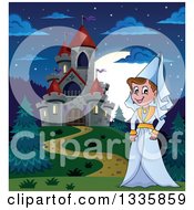Poster, Art Print Of Cartoon Happy Medieval Princess Strolling By A Castle At Night