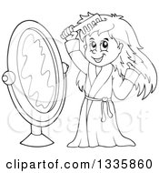 Cartoon Black And White Happy Girl In A Robe Combing Her Hair In Front Of A Mirror