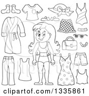 Poster, Art Print Of Cartoon Black And White Happy Girl In Her Underwear Surrounded By Summer Clothing Items