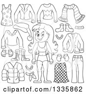 Cartoon Black And White Happy Girl In Her Underwear Surrounded By Winter Clothing Items