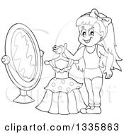 Cartoon Black And White Happy Girl Holding A Dress On A Hanger In Front Of A Mirror