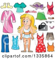 Poster, Art Print Of Cartoon Happy Blond White Girl In Her Underwear Surrounded By Summer Clothing Items