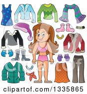 Poster, Art Print Of Cartoon Happy Brunette White Girl In Her Underwear Surrounded By Winter Clothing Items