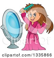 Poster, Art Print Of Cartoon Happy Brunette White Girl In A Robe Combing Her Hair In Front Of A Mirror