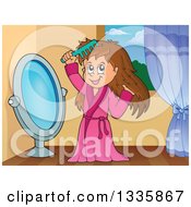 Poster, Art Print Of Cartoon Happy Brunette White Girl In A Robe Combing Her Hair In Front Of A Mirror In Her Room