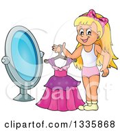 Poster, Art Print Of Cartoon Happy Blond Caucasian Girl Holding A Dress On A Hanger In Front Of A Mirror