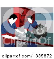 Poster, Art Print Of Male Mechanics Going Over Car Engine Parts For Repair In A Garage