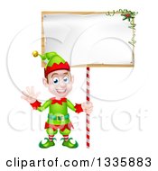 Poster, Art Print Of Cartoon Happy Male Christmas Elf Waving And Holding A Blank Sign