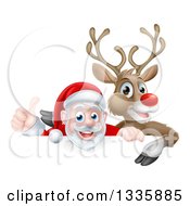 Poster, Art Print Of Cartoon Christmas Red Nosed Reindeer And Santa Giving A Thumb Up Above A Sign