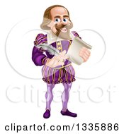 Cartoon Full Length Happy William Shakespeare Holding A Scroll And Quill