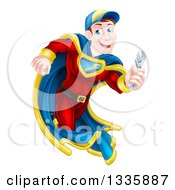 Clipart Of A Middle Aged Brunette Caucasian Male Super Hero Mechanic Running With A Wrench Royalty Free Vector Illustration by AtStockIllustration