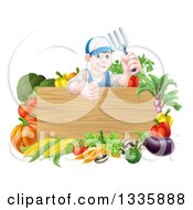 Poster, Art Print Of Young Brunette White Male Gardener In Blue Holding Up A Garden Fork And Giving A Thumb Up Over A Blank Wood Sign With Produce