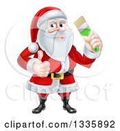 Clipart Of A Christmas Santa Claus Holding A Green Paintbrush And Giving A Thumb Up Royalty Free Vector Illustration