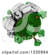 Poster, Art Print Of 3d Busy Roadway With Big Rig Trucks Around A Grassy Planet With Trees On White