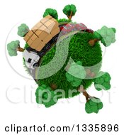 Poster, Art Print Of 3d Roadway With A Big Rig Truck Transporting Boxes And Cars Driving Around A Grassy Planet With Trees On White 2