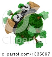 Poster, Art Print Of 3d Roadway With Big Rig Trucks Transporting Boxes Driving Around A Grassy Planet With Trees On White