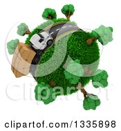 Poster, Art Print Of 3d Roadway With A Big Rig Truck Transporting Boxes Driving Around A Grassy Planet With Trees On White